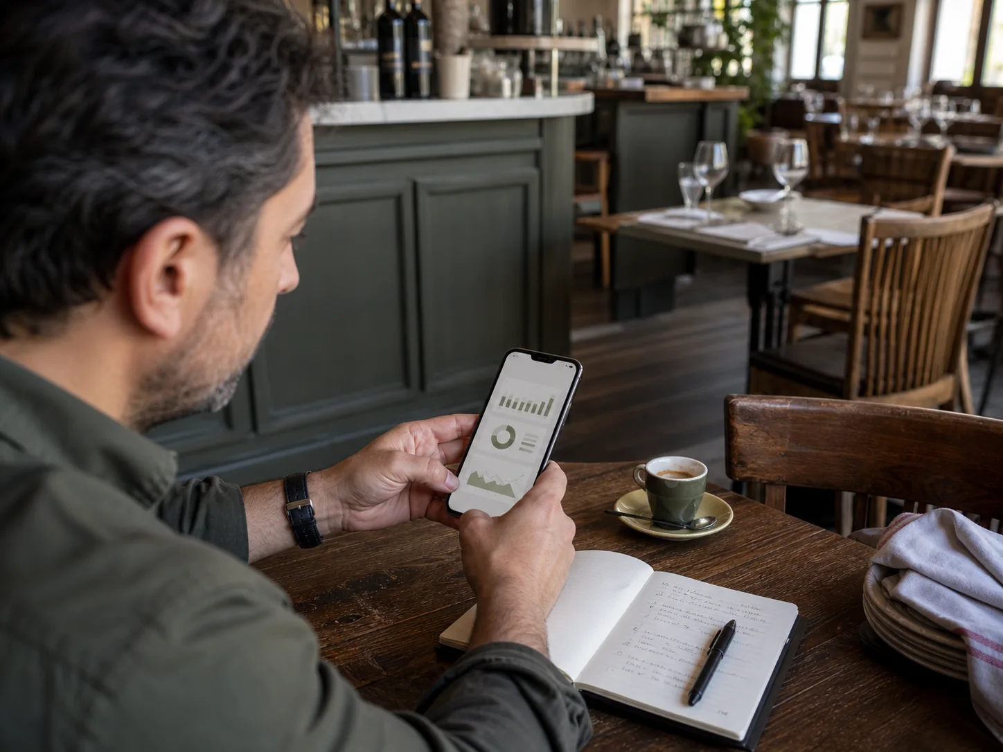 Titolare che consulta dati operativi da smartphone